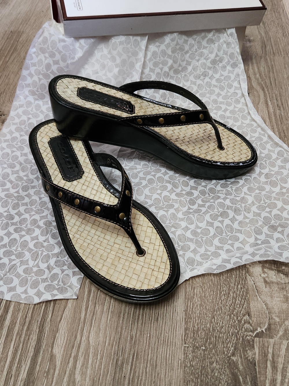 Coach Studded PT Woven Beige and Black Platform Thong Sandals - Women's 8.5 Y2K